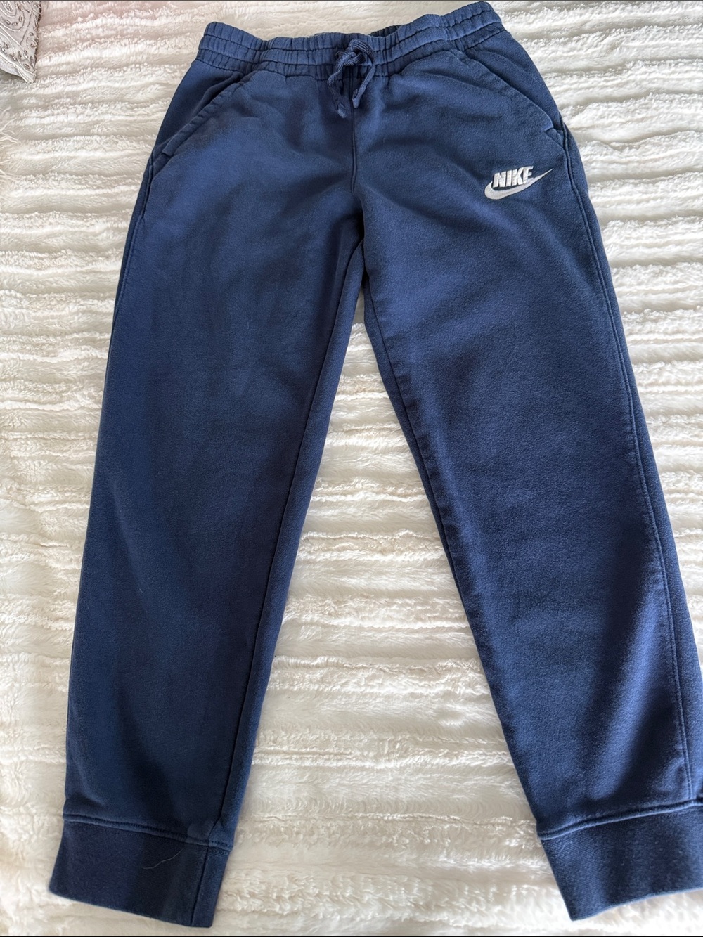 Nike Kids Navy Blue Fleece Joggers with White Logo